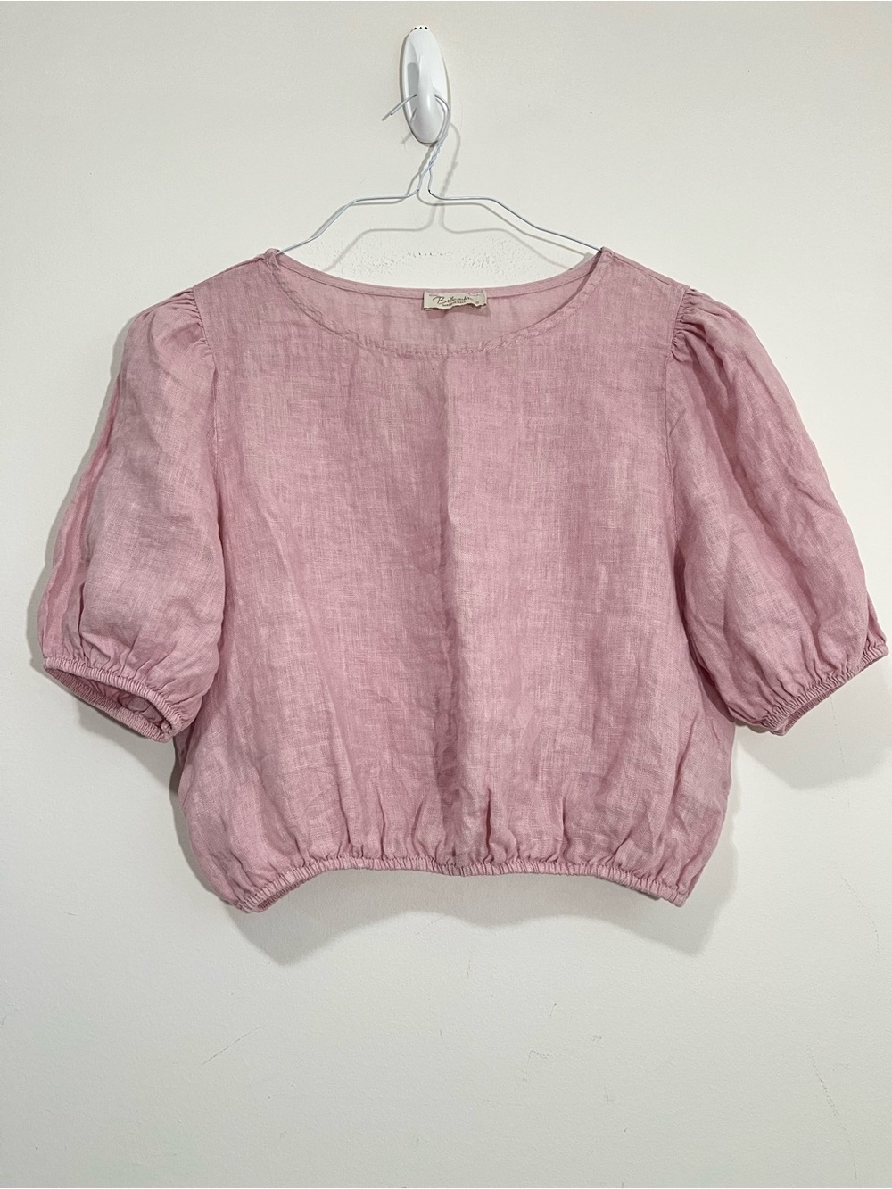 Bellambia 100% Pure Linen Cropped Top Blouse Puff Short Sleeve Coastal Pink Sz S